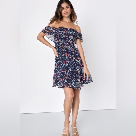 Lulus Dresses & Skirts - Lulu's Off The Shoulder Floral Navy Dress